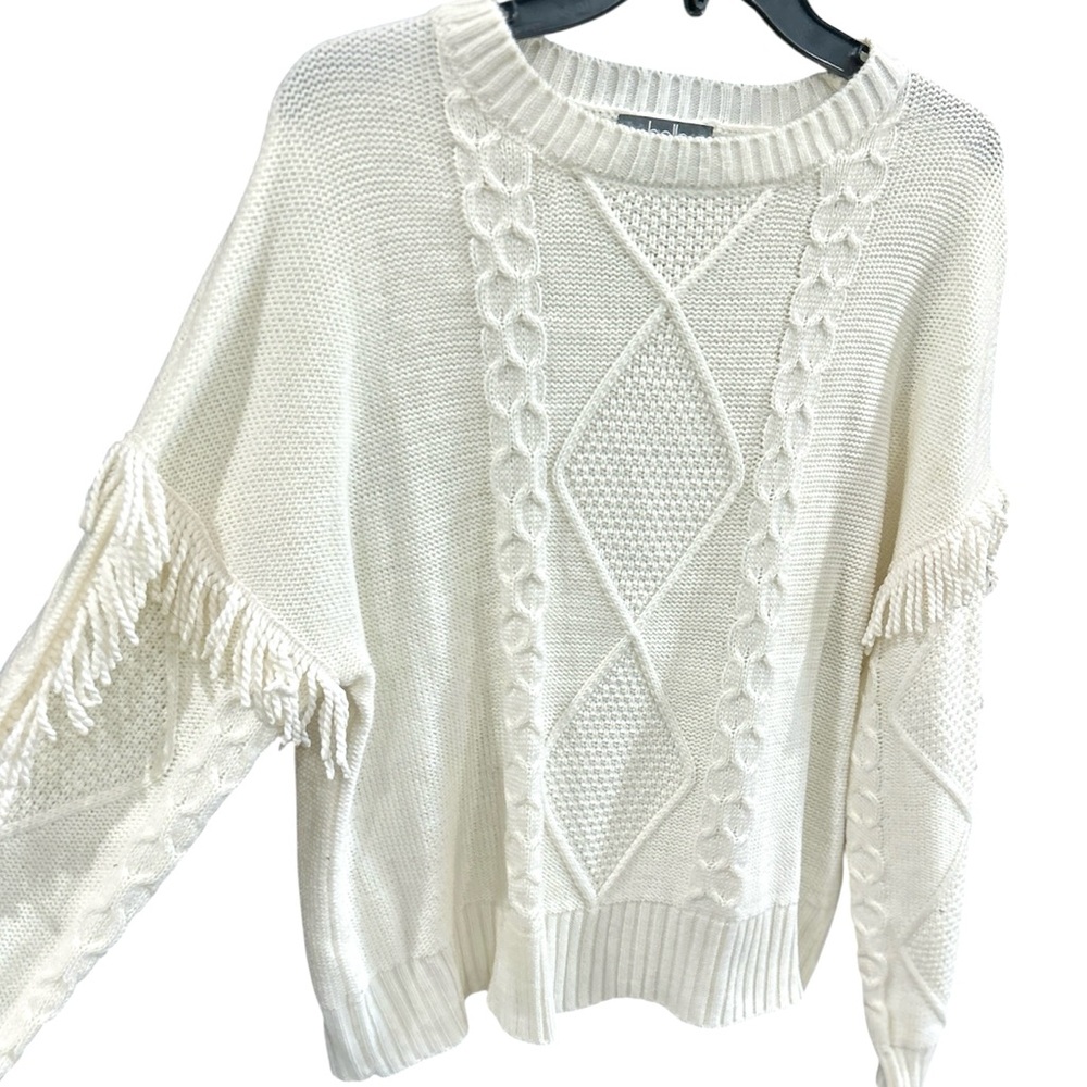 White Crewneck Detailed Cable Knit Fringe Sleeve Pullover Sweater Size Large
